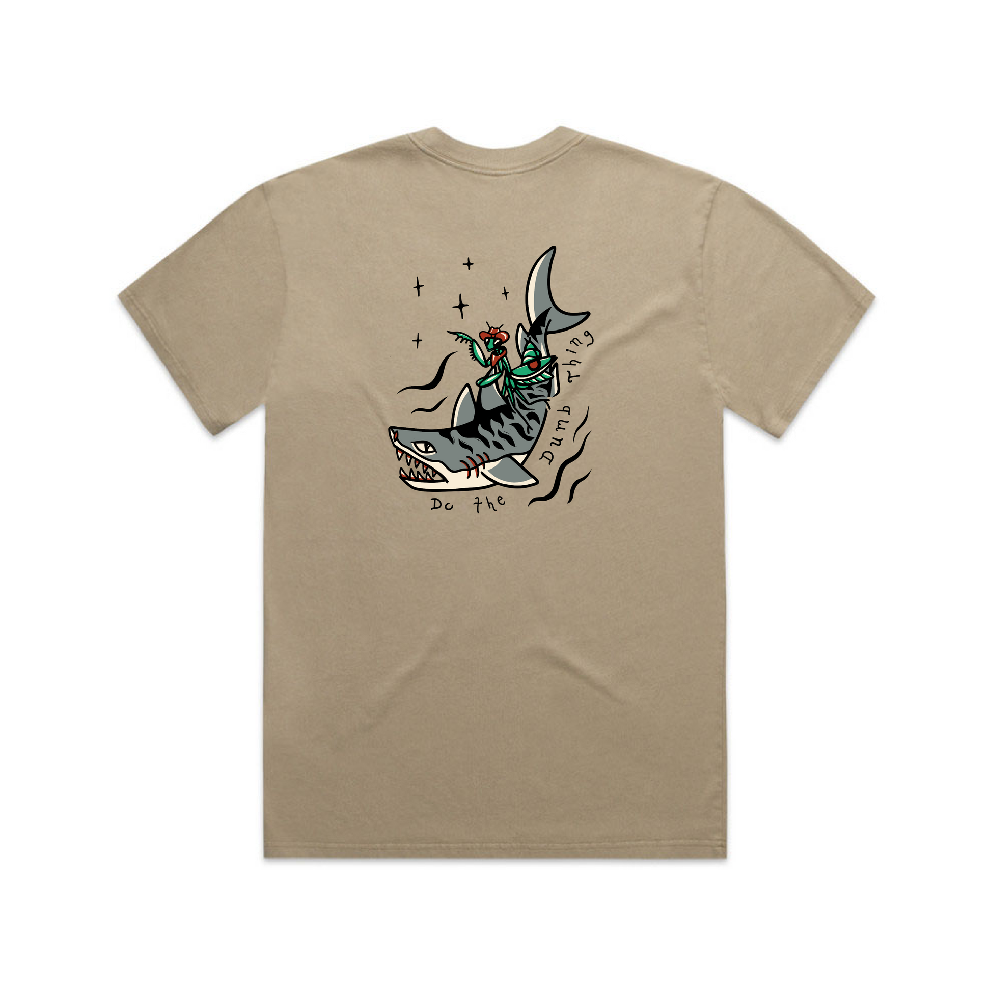 Mantis riding tiger shark - Do The Dumb thing - Oversized beige T-shirt for those salty crew ocean frothers - back view