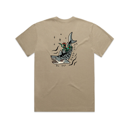 Mantis riding tiger shark - Do The Dumb thing - Oversized beige T-shirt for those salty crew ocean frothers - back view