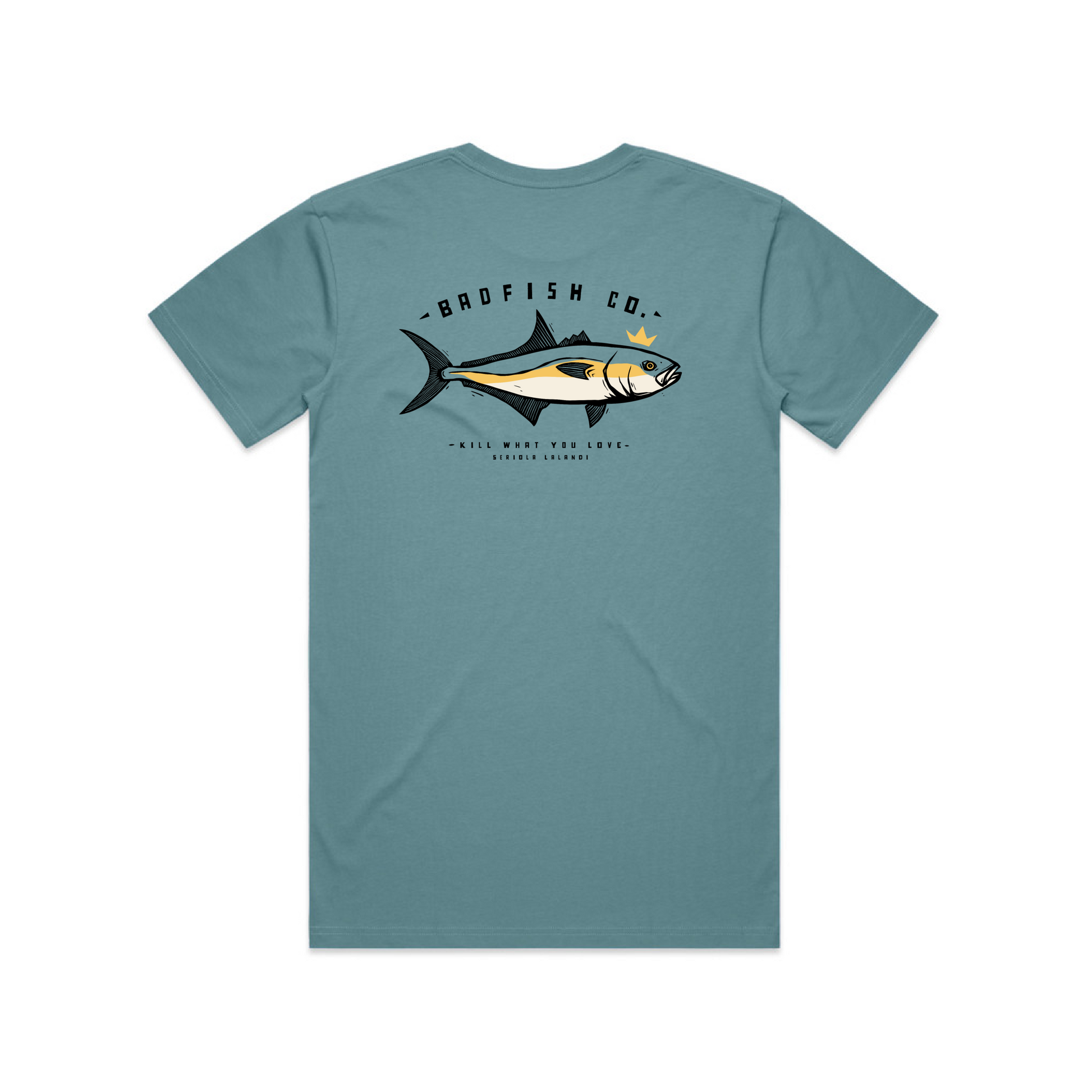 Kingfish design on turquoise T-shirt for those salty crew ocean frothers - back view