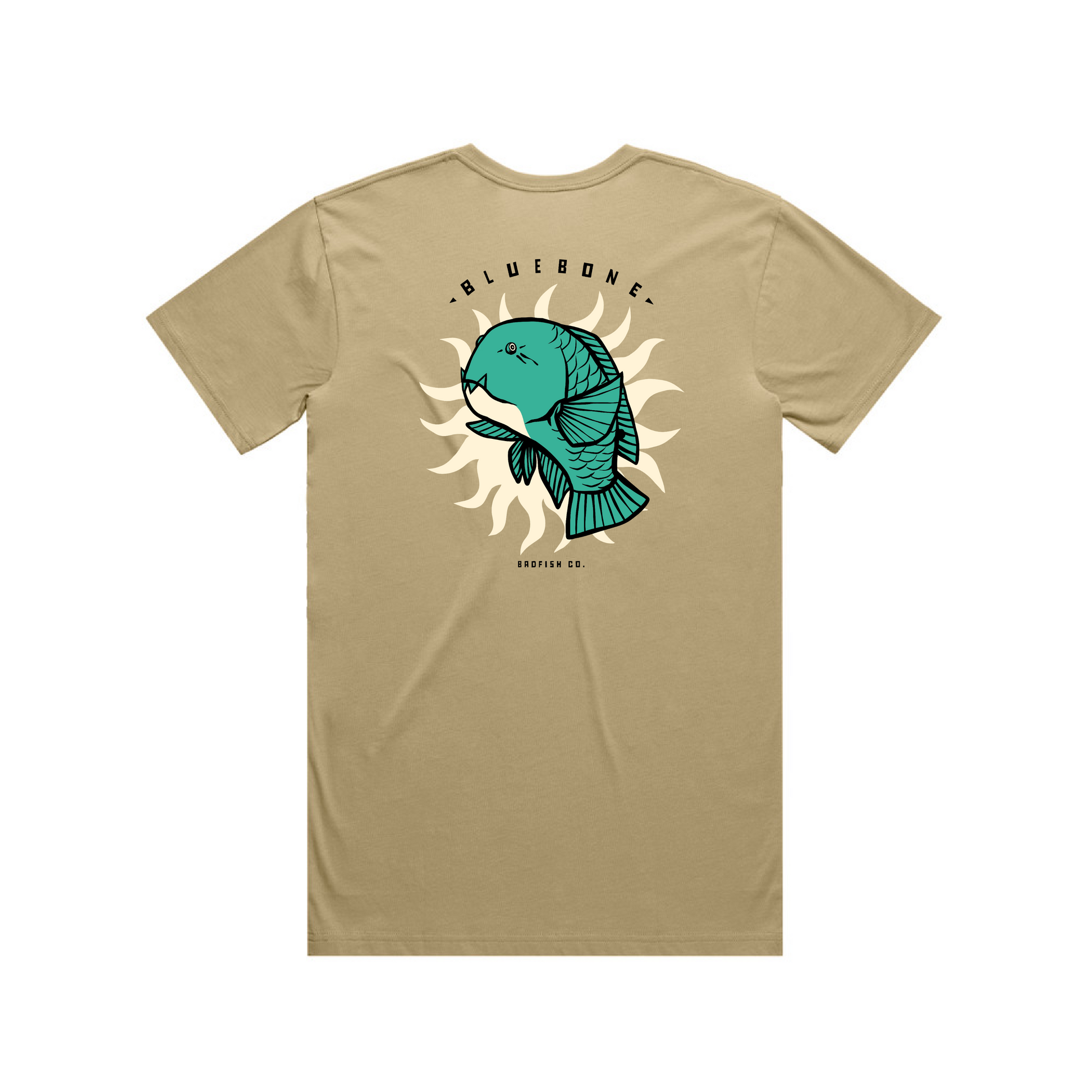 Bluebone or Tuskfish tan regular T-shirt for those salty crew ocean frothers - back view
