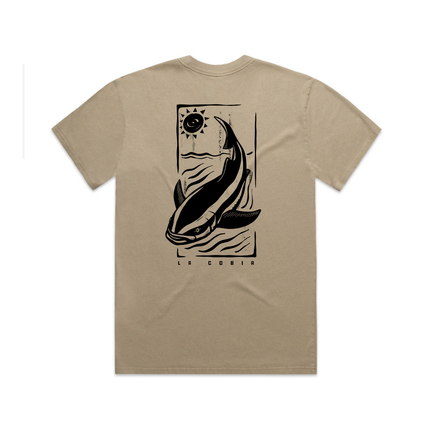 Cobia design on tan oversized T-shirt for those salty crew ocean frothers - back view