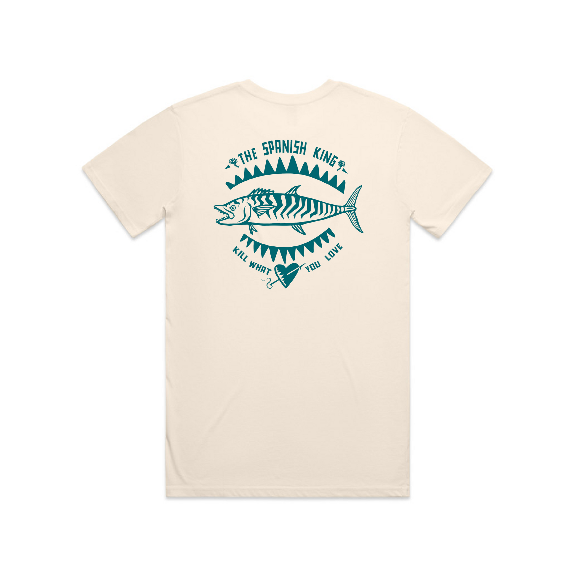 Spanish Mackerel design on cream regular T-shirt for those salty crew ocean frothers - back view