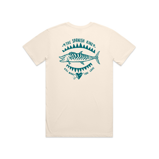 Spanish Mackerel design on cream regular T-shirt for those salty crew ocean frothers - back view