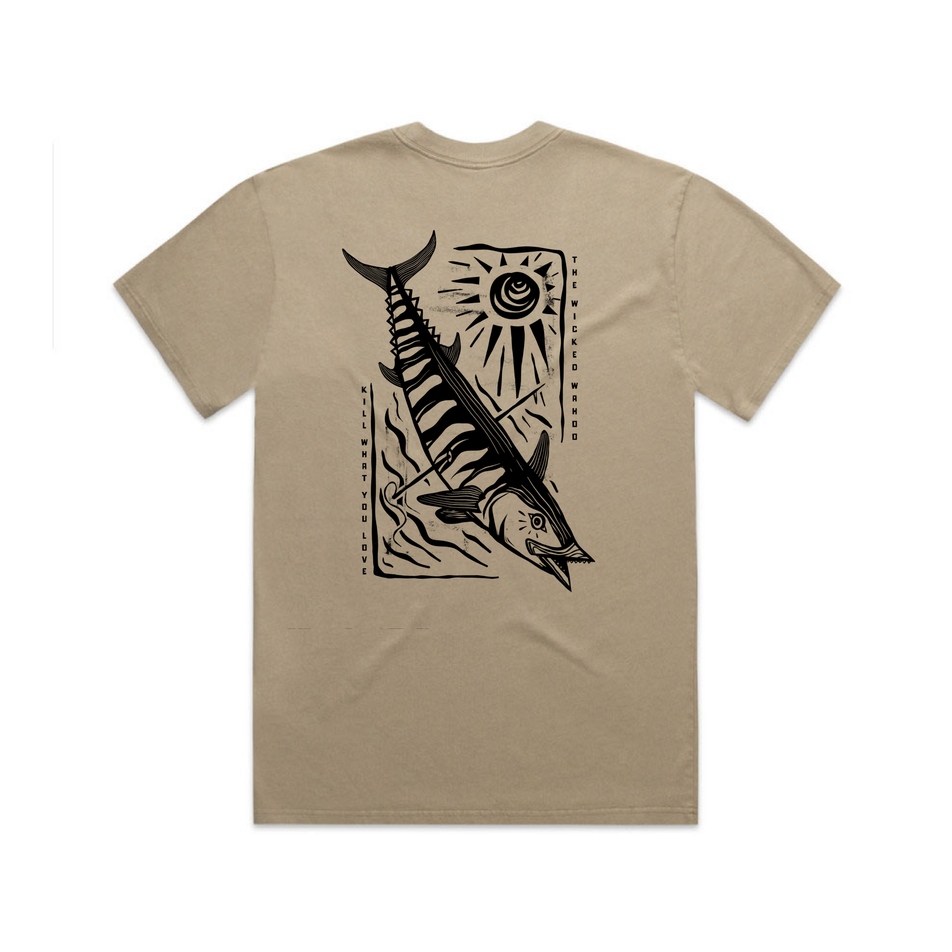 Wahoo design on oversized tan T-shirt for those salty crew ocean frothers - back view